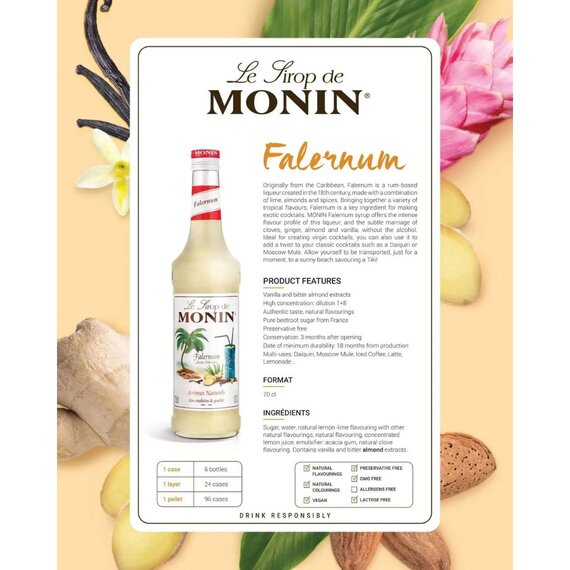 Сироп Monin Фалернум (мигдаль, імбир, гвоздика та ваніль) 700 мл, зображення 4 Сироп Monin Фалернум (мигдаль, імбир, гвоздика та ваніль) 700 мл, зображення 4