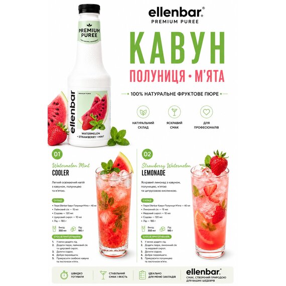 Пюре-основа Ellenbar Арбуз-Клубника-Мята для лимонада 900 г, изображение 5