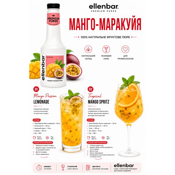 Пюре-основа Ellenbar Манго-маракуйя для напитков 900 г, изображение 5