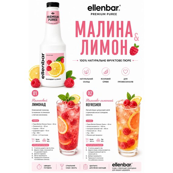 Пюре-основа Ellenbar Малина-Лимон для напитков 900 г, изображение 5