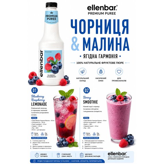 Пюре-основа Ellenbar Черника-малина для напитков 900 г, изображение 2